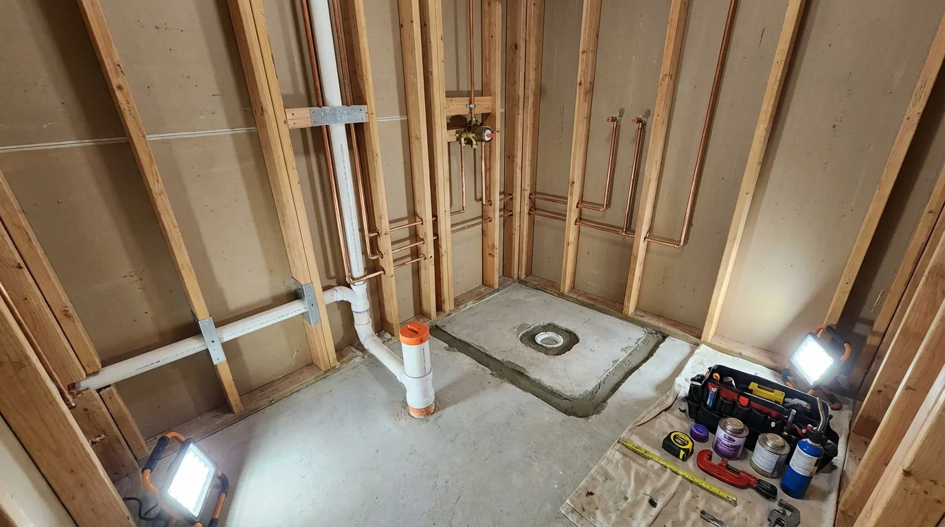 Bathroom rough-in plumbing during remodel by Johns Plumbing LLC in South Saint Paul