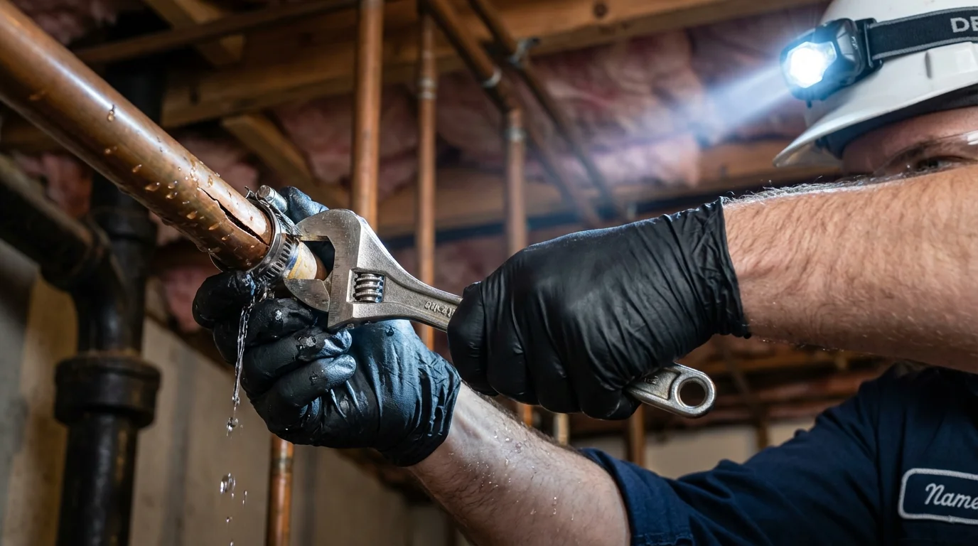 Emergency pipe clamp repair being performed by a Johns Plumbing LLC plumber in South Saint Paul