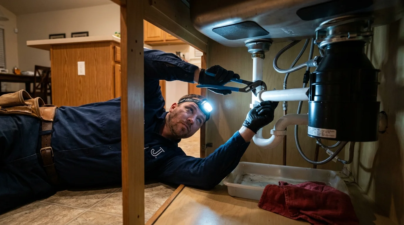 P-trap and supply line connections under a kitchen sink showing a common leak point in South Saint Paul, MN